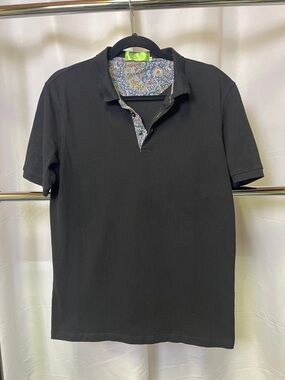 Blanc Men's Black Polo Shirt with Paisley Trim medium